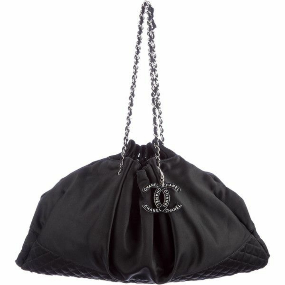 Authentic Chanel Melrose Cabas Black Satin Tote